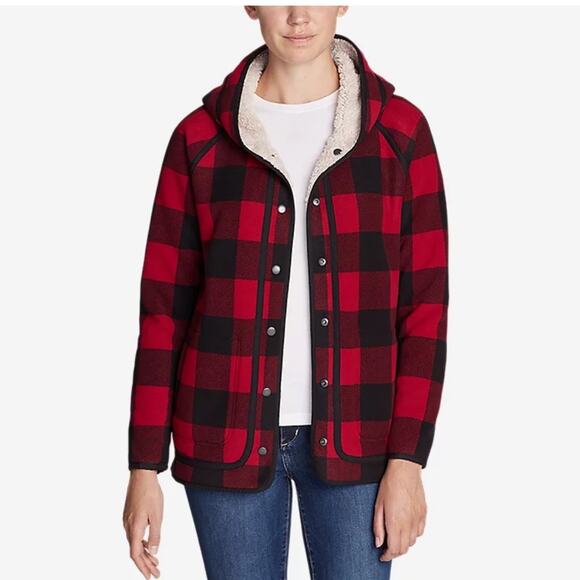 Eddie Bauer Womens Red Buffalo Plaid Reversible Fuzzy Hooded Jacket Sz M - Picture 1 of 7
